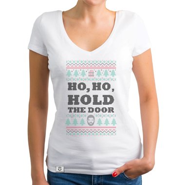 Damen T-Shirt V-Ausschnitt - Ho, Ho, Hold the Door weiss-schwarz XXL