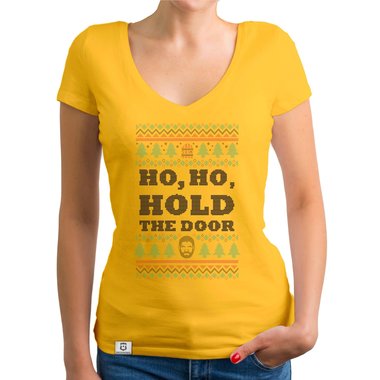 Damen T-Shirt V-Ausschnitt - Ho, Ho, Hold the Door weiss-schwarz XXL