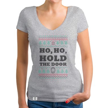 Damen T-Shirt V-Ausschnitt - Ho, Ho, Hold the Door weiss-schwarz XXL