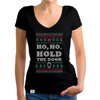 Damen T-Shirt V-Ausschnitt - Ho, Ho, Hold the Door weiss-schwarz XXL