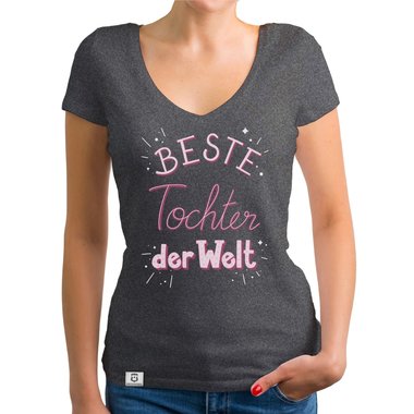 Damen T-Shirt V-Ausschnitt - Beste Tochter der Welt dunkelgrau-rosa XS