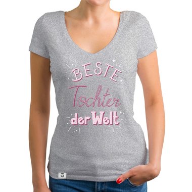 Damen T-Shirt V-Ausschnitt - Beste Tochter der Welt dunkelgrau-rosa XS