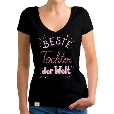 Damen T-Shirt V-Ausschnitt - Beste Tochter der Welt dunkelgrau-rosa XS