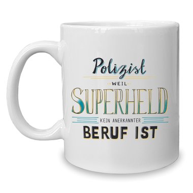 Kaffeebecher - Tasse - Polizist - Superheld weiss-gelb