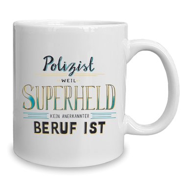 Kaffeebecher - Tasse - Polizist - Superheld weiss-gelb