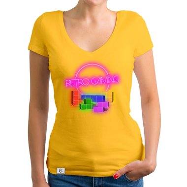 Damen T-Shirt V-Ausschnitt - Retro Gaming dunkelgrau-bunt XS