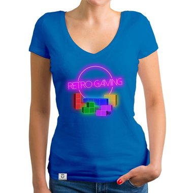 Damen T-Shirt V-Ausschnitt - Retro Gaming dunkelgrau-bunt XS