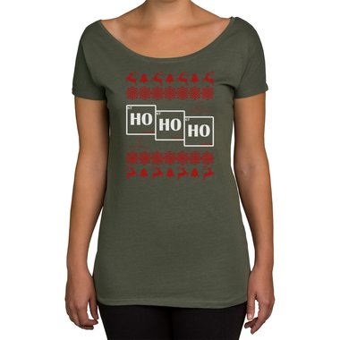 Damen T-Shirt U-Boot-Ausschnitt - HO HO HO oliv-weiss XS