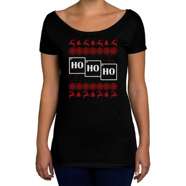 Damen T-Shirt U-Boot-Ausschnitt - HO HO HO oliv-weiss XS