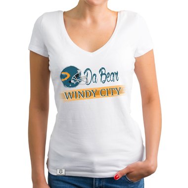 Damen T-Shirt V-Ausschnitt - Da Bear - Windy City weiss-trkis XXL