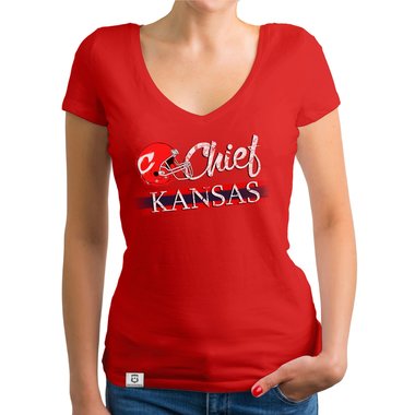 Damen T-Shirt V-Ausschnitt - Chief - Kansas weiss-rot XXL