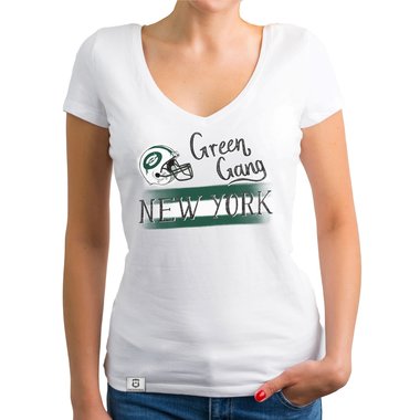 Damen T-Shirt V-Ausschnitt - Green Gang - NY weiss-dunkelgrn XXL