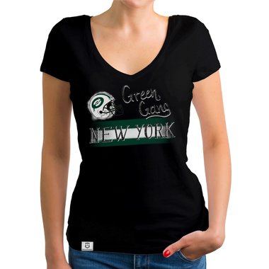 Damen T-Shirt V-Ausschnitt - Green Gang - NY weiss-dunkelgrn XXL