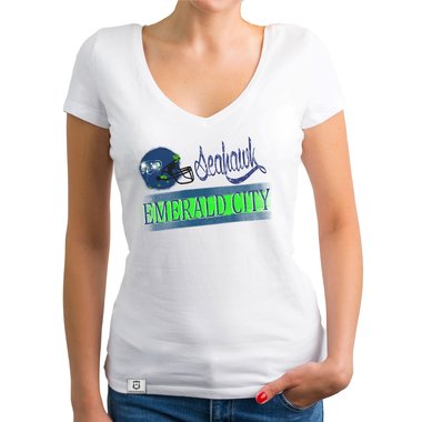 Damen T-Shirt V-Ausschnitt - Seahawk - Emerald City dunkelgrau-dunkelblau XS