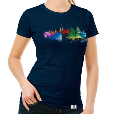 Damen T-Shirt - Hamburg Aquarell dunkelblau-bunt S