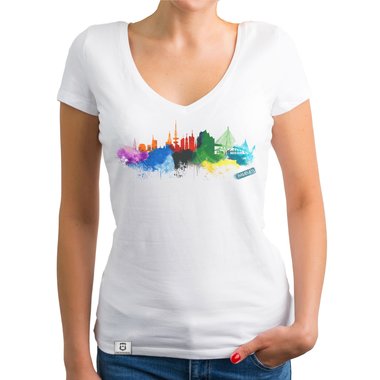 Damen T-Shirt V-Ausschnitt - Hamburg Aquarell