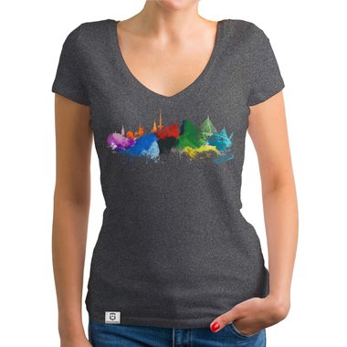 Damen T-Shirt V-Ausschnitt - Hamburg Aquarell dunkelgrau-bunt XS