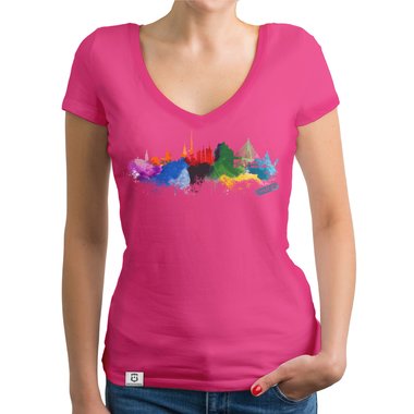 Damen T-Shirt V-Ausschnitt - Hamburg Aquarell dunkelgrau-bunt XS