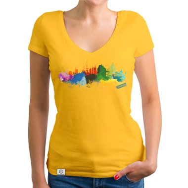 Damen T-Shirt V-Ausschnitt - Hamburg Aquarell dunkelgrau-bunt XS