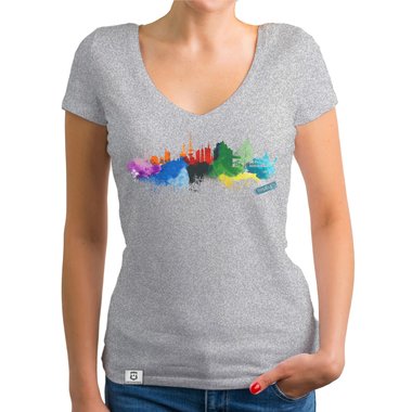 Damen T-Shirt V-Ausschnitt - Hamburg Aquarell dunkelgrau-bunt XS