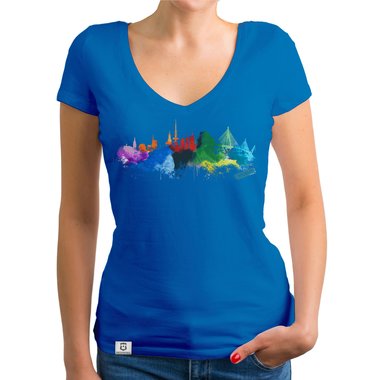 Damen T-Shirt V-Ausschnitt - Hamburg Aquarell dunkelgrau-bunt XS