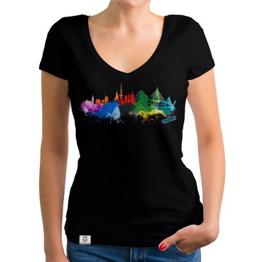 Damen T-Shirt V-Ausschnitt - Hamburg Aquarell dunkelgrau-bunt XS