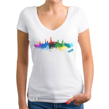 Damen T-Shirt V-Ausschnitt - Rostock Aquarell weiss-bunt XXL