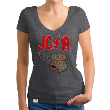 Damen JGA T-Shirt V-Ausschnitt - Highway to Marriage dunkelgrau-rot XS