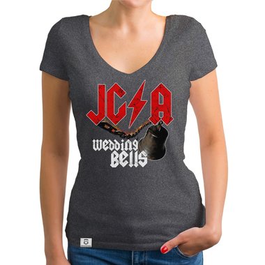 Damen JGA T-Shirt V-Ausschnitt - Wedding Bells dunkelgrau-weiss XS