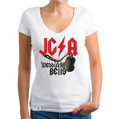 Damen JGA T-Shirt V-Ausschnitt - Wedding Bells dunkelgrau-weiss XS