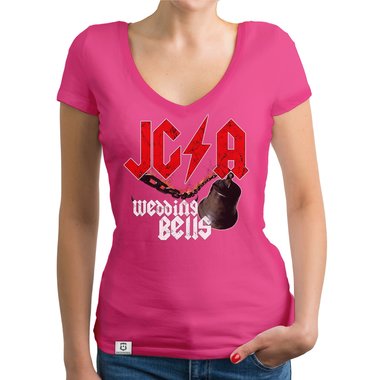 Damen JGA T-Shirt V-Ausschnitt - Wedding Bells dunkelgrau-weiss XS