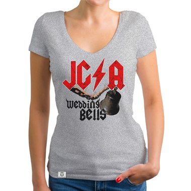 Damen JGA T-Shirt V-Ausschnitt - Wedding Bells dunkelgrau-weiss XS