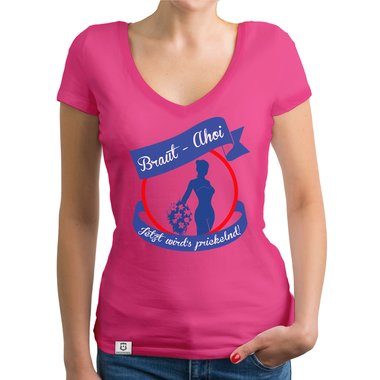 Damen JGA T-Shirt V-Ausschnitt - Braut Ahoi fuchsia-blau XS