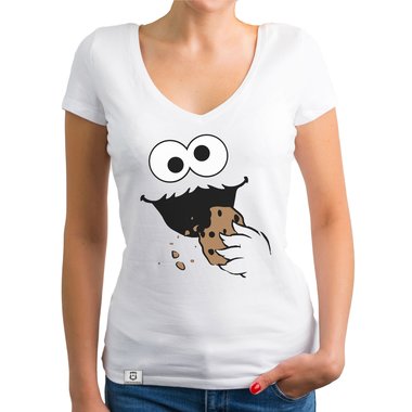 Damen T-Shirt V-Ausschnitt - Keks Monster weiss-schwarz XXL