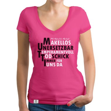 Damen T-Shirt V-Ausschnitt - MUTTI dunkelgrau-weiss XS