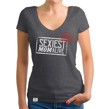 Damen T-Shirt V-Ausschnitt - Sexiest Mom Alive dunkelgrau-weiss S