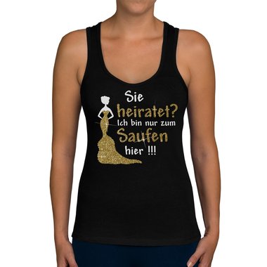 Damen JGA Tank Top - Sie heiratet - Ich Saufe! weiss-pinkglitzer XXL