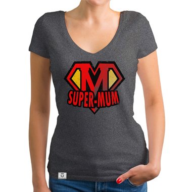 Damen T-Shirt V-Ausschnitt - Super Mum weiss-rot XXL