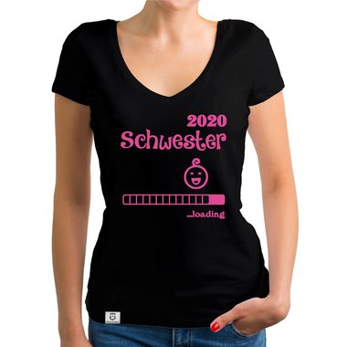 Damen T-Shirt V-Ausschnitt - Schwester 2020 loading dunkelgrau-fuchsia XS