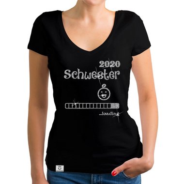 Damen T-Shirt V-Ausschnitt - Schwester 2020 loading dunkelgrau-fuchsia XS