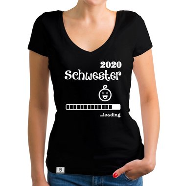 Damen T-Shirt V-Ausschnitt - Schwester 2020 loading dunkelgrau-fuchsia XS