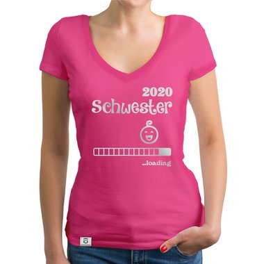 Damen T-Shirt V-Ausschnitt - Schwester 2020 loading dunkelgrau-fuchsia XS