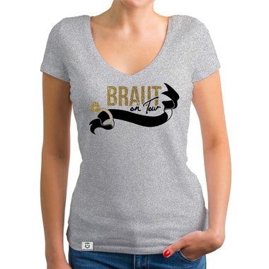 Damen JGA T-Shirt V-Ausschnitt - Braut on Tour - Personalisierbar