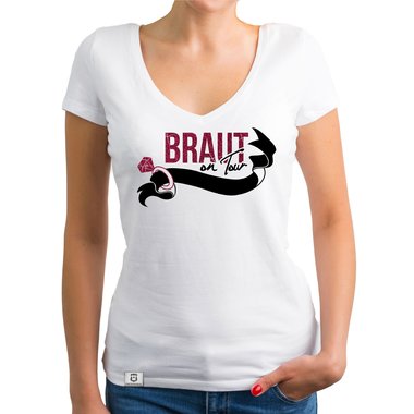 Damen JGA T-Shirt V-Ausschnitt - Braut on Tour - Personalisierbar