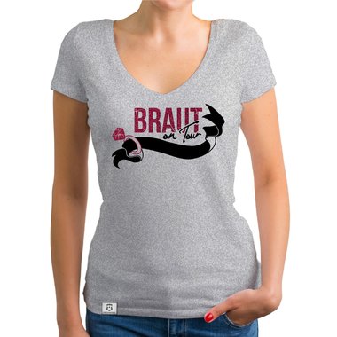 Damen JGA T-Shirt V-Ausschnitt - Braut on Tour - Personalisierbar dunkelgrau-gold XS