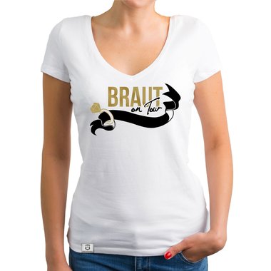 Damen JGA T-Shirt V-Ausschnitt - Braut on Tour - Personalisierbar dunkelgrau-gold XS