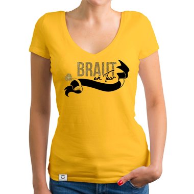 Damen JGA T-Shirt V-Ausschnitt - Braut on Tour - Personalisierbar dunkelgrau-gold XS