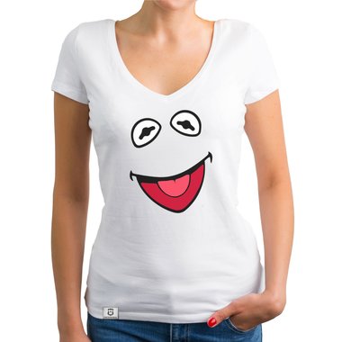 Damen T-Shirt V-Ausschnitt - Frosch Kostm weiss-schwarz XXL