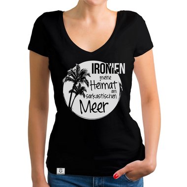 Damen T-Shirt V-Ausschnitt - Ironien - Heimat am sarkastischen Meer dunkelgrau-weiss XS