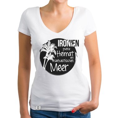 Damen T-Shirt V-Ausschnitt - Ironien - Heimat am sarkastischen Meer dunkelgrau-weiss XS